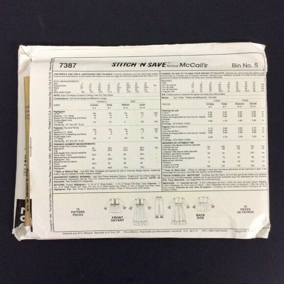 McCalls Stitch N Save 7387 Childs Pajamas & Gown Sewing Pattern XS S Uncut - Picture 2 of 4